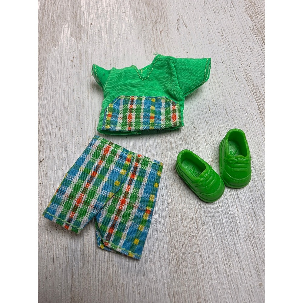 Vintage Kelly and Tommy Green Plaid Doll Outfit Set with Top Shorts and Shoes